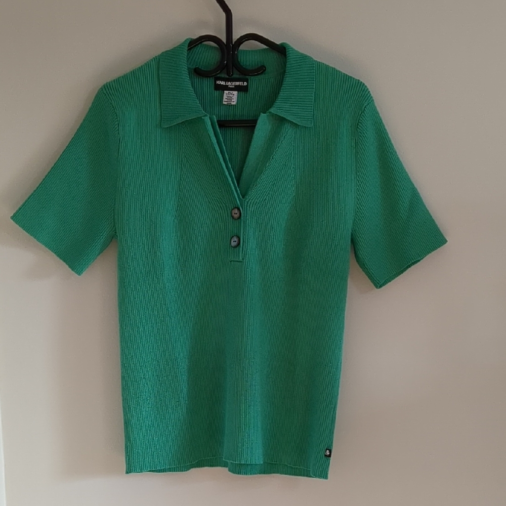 Karl Lagerfeld Green Button Down Knit Top